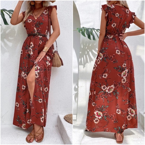 Boho Floral Print Butterly Sleeve Maxi Dress Cottagecore - Picture 9 of 9